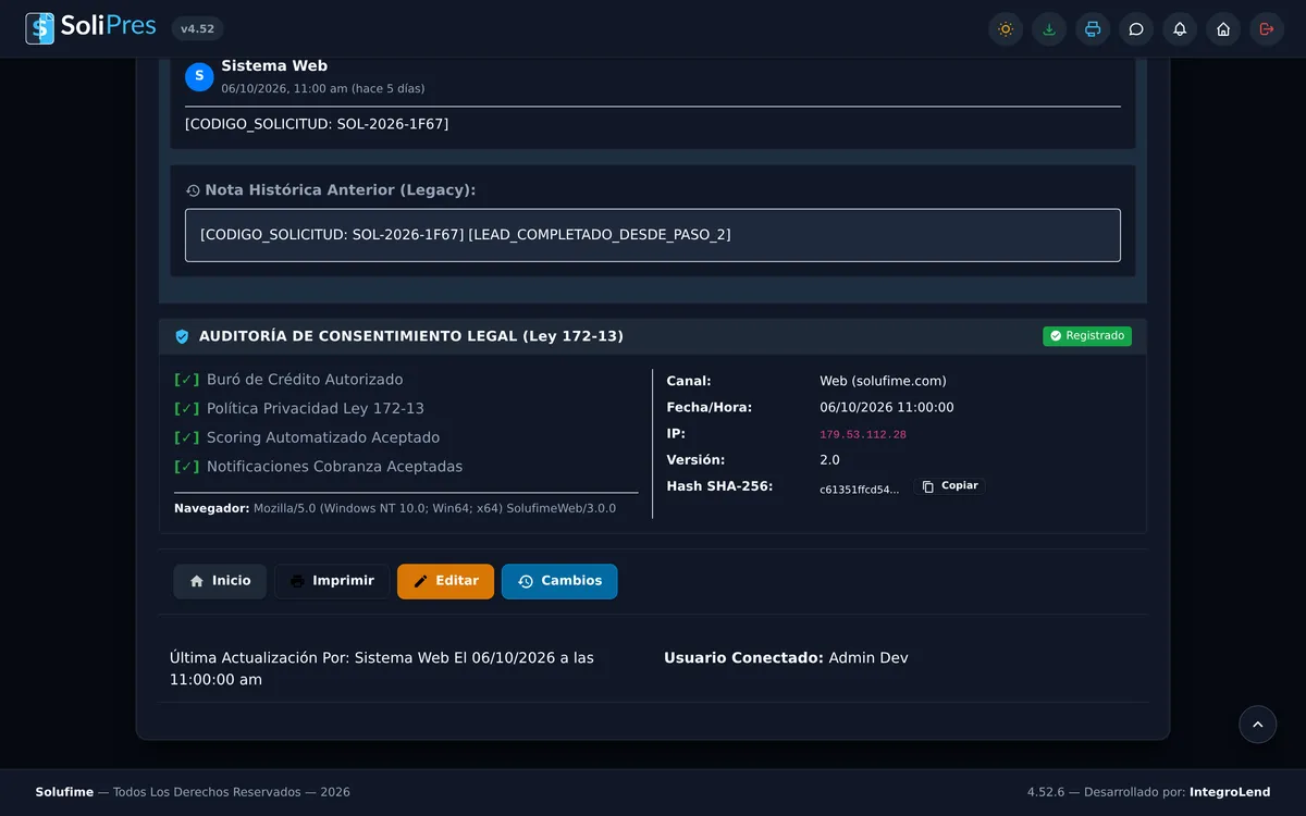 SoliPres Law 172-13 SHA-256 Cryptographic Consent Audit Log