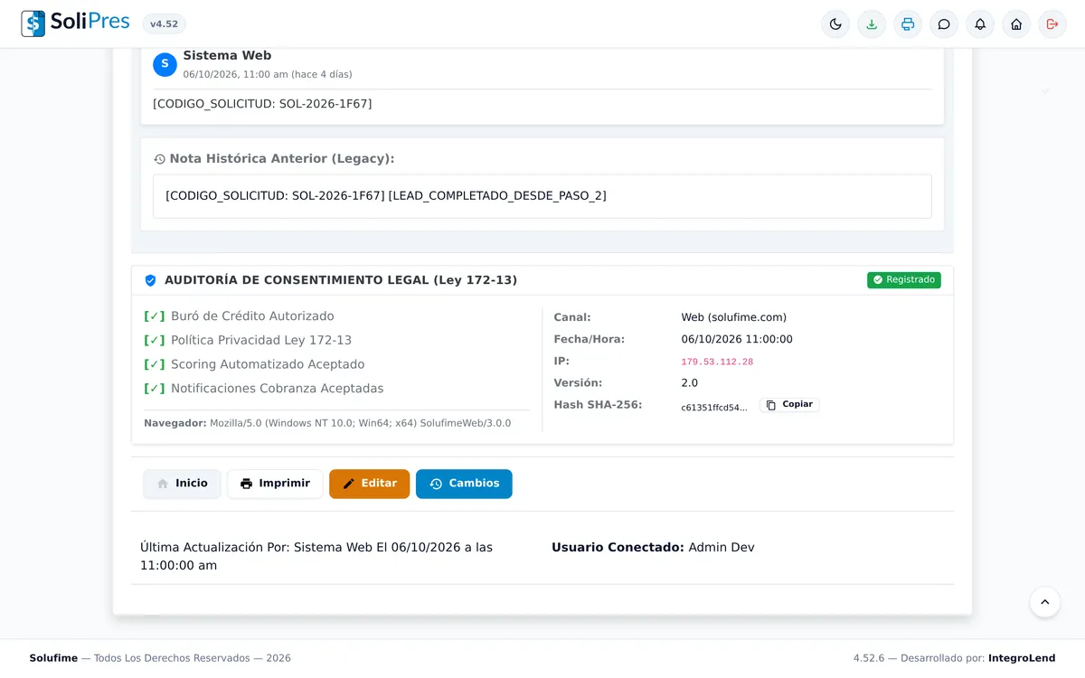 SoliPres Law 172-13 SHA-256 Cryptographic Consent Audit Log